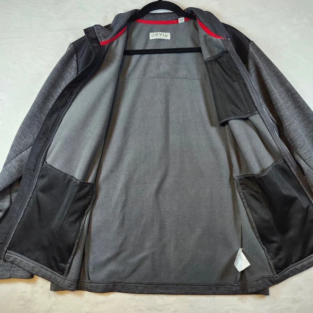 Orvis Mens Full Zip Fleece Jacket Grey‎ Black Textured Knit Mock Neck Large